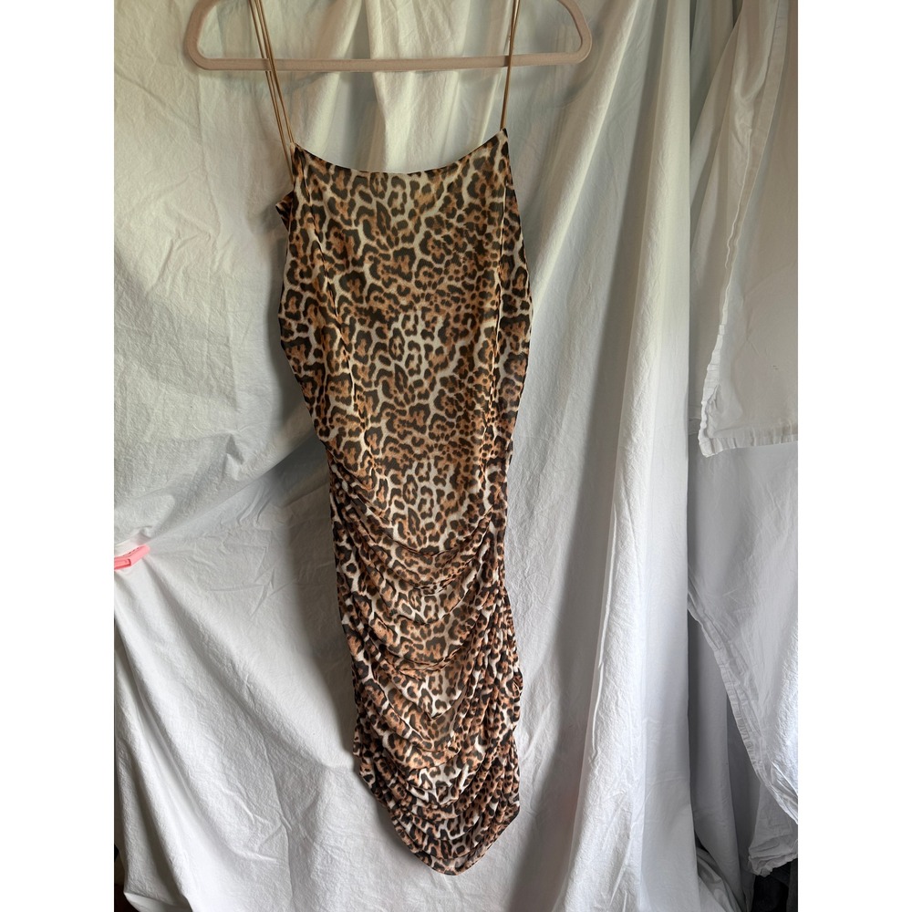Almost Famous Leopard Print Ruched Mesh Bodycon Mini Dress 2X Strappy Back Brown